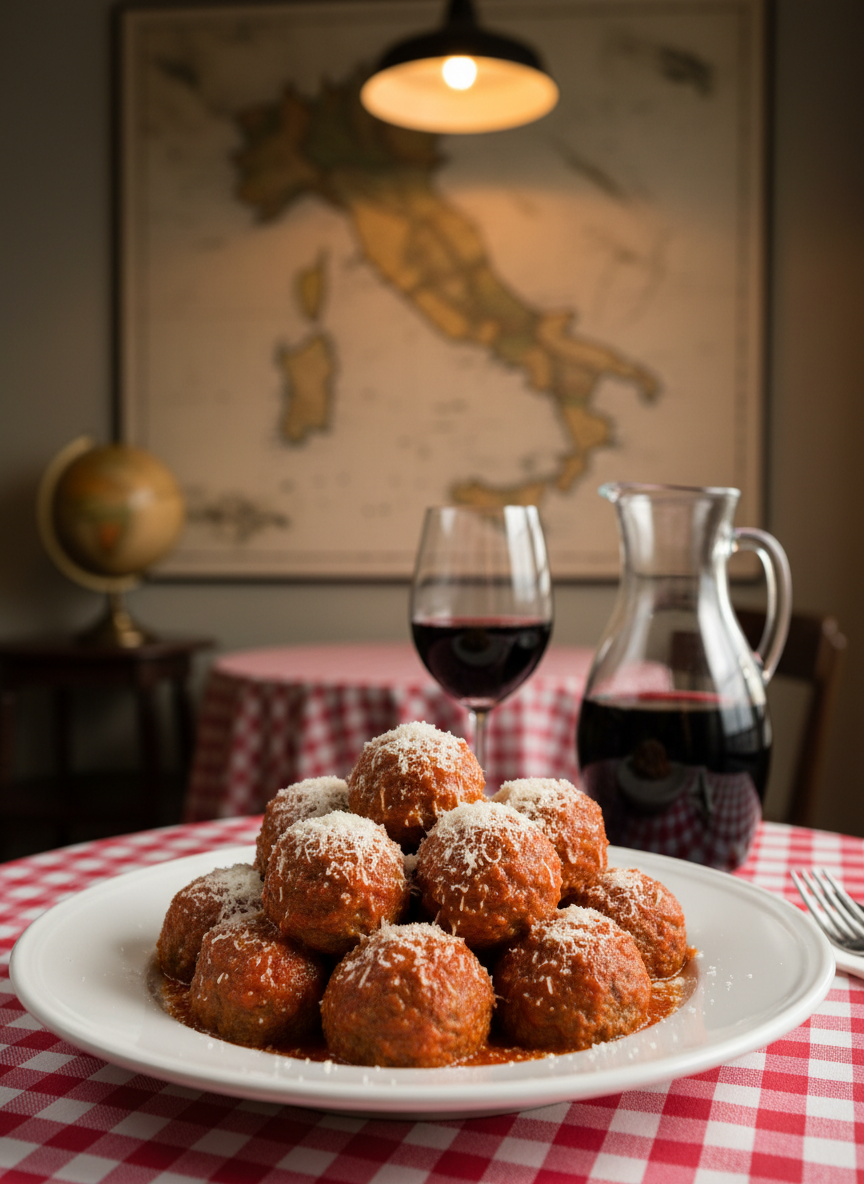 A glossy white porcelain plate piled with perfectly round meatballs, each one glistening with a rich, brick-red San Marzano tomato sauce, finely grated parmesan melting in delicate snow-like flakes across the top. The plate rests on a small bistro table in a classic Italian trattoria, with red-and-white checkered cloth and a simple carafe of deep ruby house wine beside it. Soft, warm pendant lighting from above creates gentle specular highlights on the sauce and subtle shadows between the meatballs. In the softly blurred background, a wall map of Italy and a tiny tabletop globe hint at travel and discovery. Photographic realism, shallow depth of field, eye-level angle, playful yet refined mood perfect for a meatball review blog hero image.