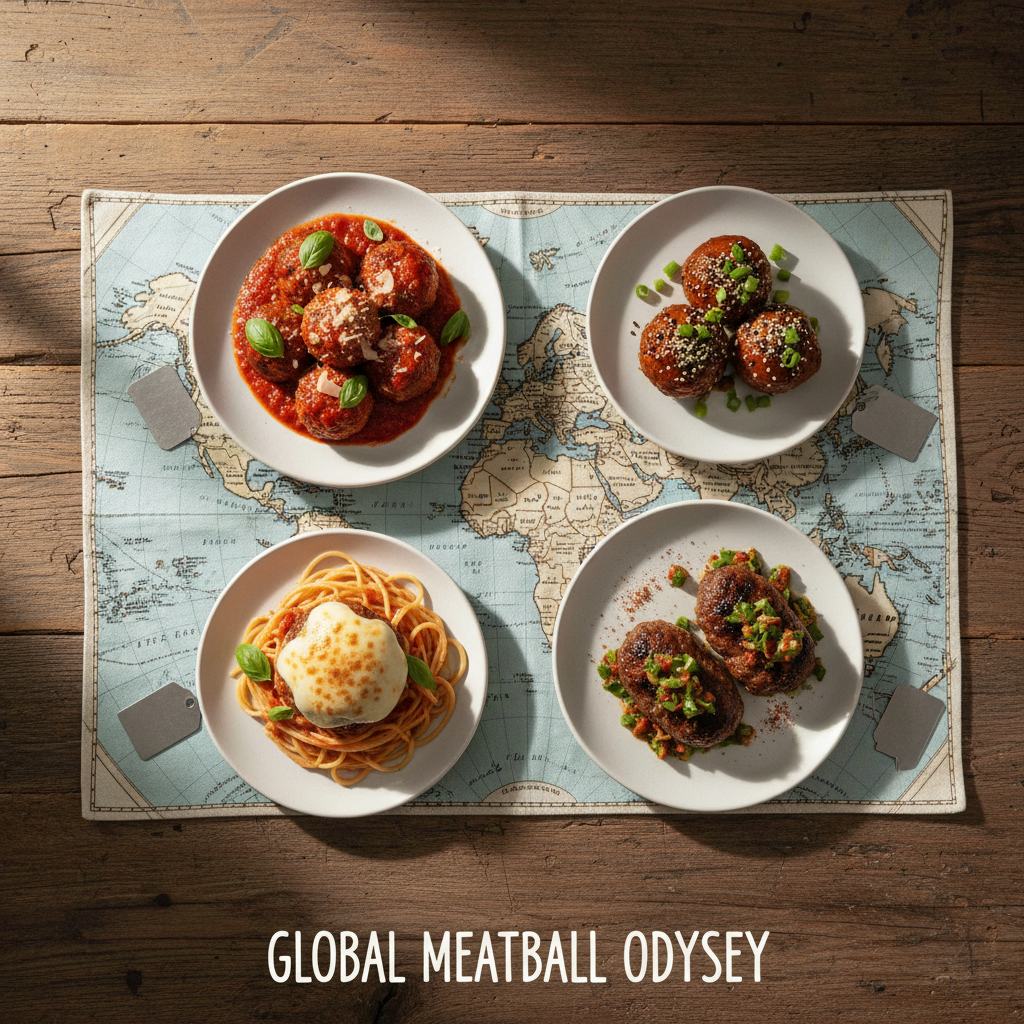 An overhead, photographic shot of a rustic wooden table displaying a world map place mat, with small ceramic plates arranged over key cities like Rome, New York, Tokyo, and Buenos Aires. On each plate sits a different style of meatball: classic Italian in bright tomato sauce, giant New York-style with melted mozzarella, delicate fusion meatballs with sesame seeds and glossy glaze. Tiny metal restaurant tags without text rest beside each plate to suggest individual Italian restaurants. Soft afternoon window light from the left creates a warm, travel-journal feeling, with gentle shadows defining each dish. The composition uses a flat-lay style, vibrantly colored yet clean, evoking a playful sense of global meatball exploration and comparison for the blog’s category overview.