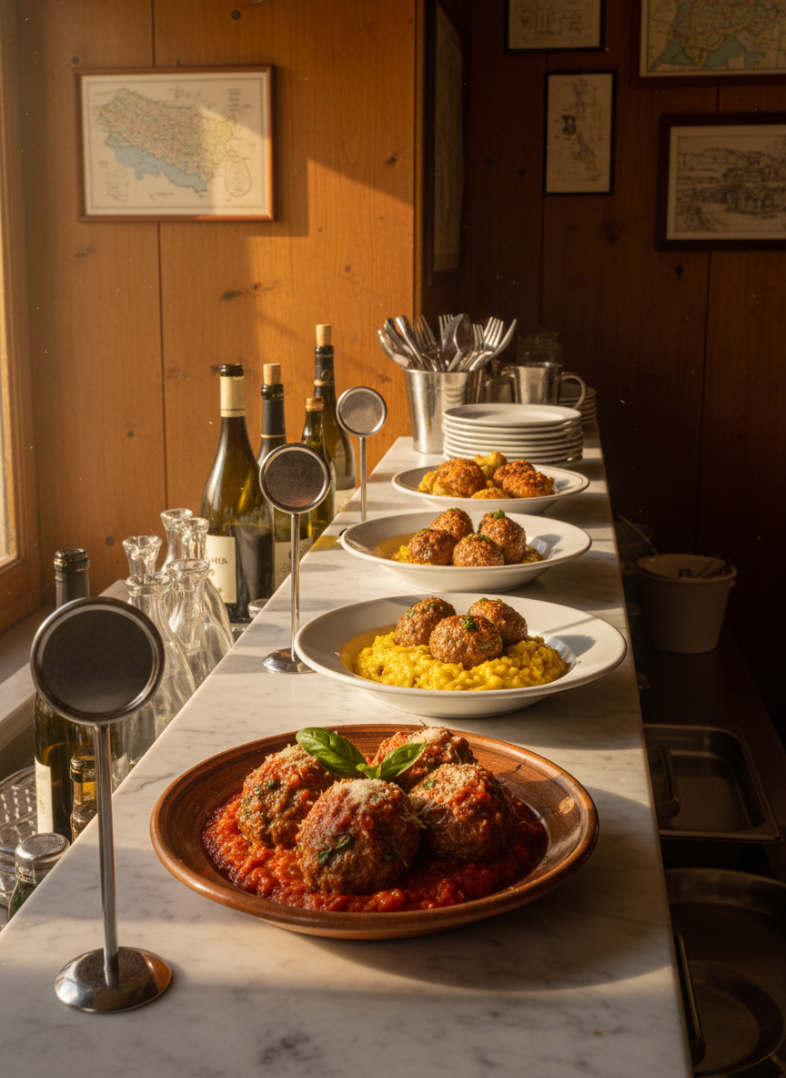 Inside a cozy Italian osteria, a narrow marble-topped counter stretches toward the back of the frame, lined with different meatball plates arranged like a tasting journey from one city to another. The nearest plate shows Neapolitan-style meatballs in a bright, rustic tomato sauce, further down a plate evokes Milan with creamy saffron risotto and compact meatballs, and at the end a Roman-style dish with crispy, pan-fried meatballs. Tiny, unbranded metal markers shaped like miniature signposts stand beside each plate to suggest names and locations without text. Golden hour light filters through an unseen window, reflecting gently off glass bottles and polished cutlery, creating a warm, inviting, slightly whimsical travel-journal mood in photographic realism.