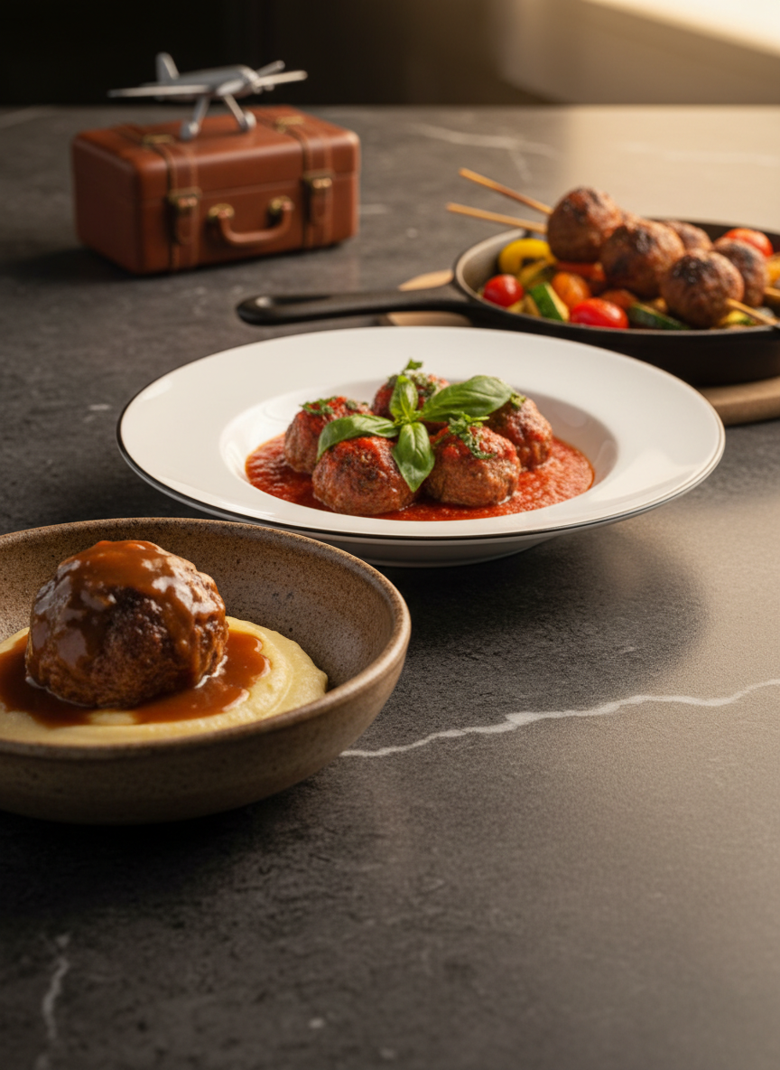 A close-up, side-view photograph of three distinct meatball dishes arranged in a diagonal line on a sleek stone countertop, each on a different style of plate to suggest unique Italian restaurants. The front dish shows a single, oversized meatball nestled in creamy polenta, drizzled with glossy brown jus. The middle plate holds smaller, perfectly uniform meatballs in bright marinara with torn basil leaves. The rear dish features charred, crusty meatballs skewered over a bed of grilled vegetables. A blurred miniature suitcase and a tiny model airplane in the background hint at travel between cities. Warm, directional light from the right creates delicious highlights on the sauces and a shallow depth of field emphasizes texture, giving the image a playful, editorial restaurant-review vibe.